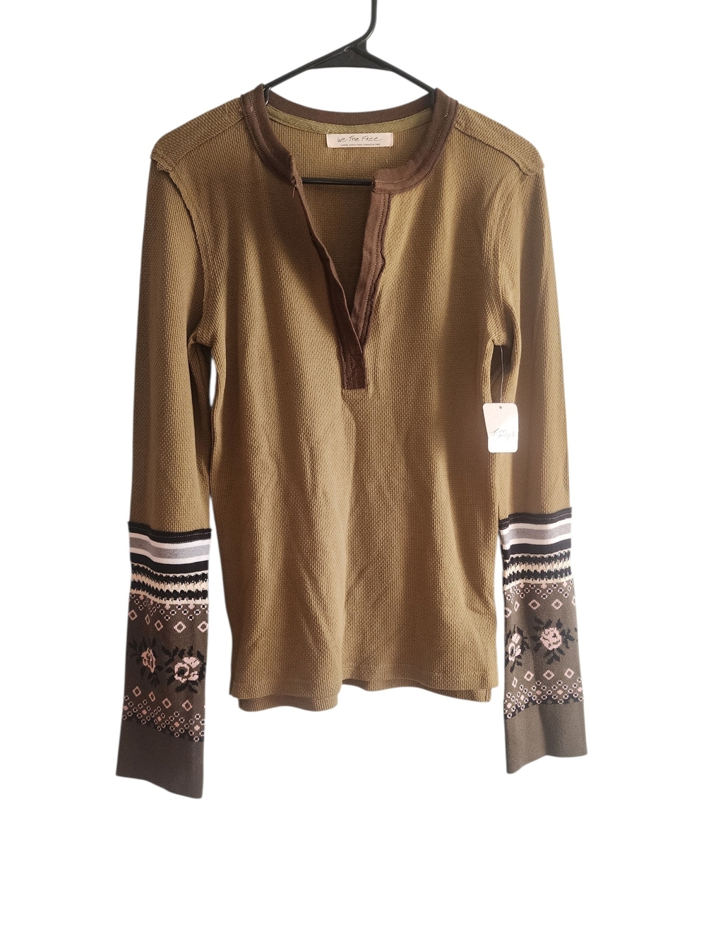 Free Peoppe Mikah Olive Green Thermal Henley Top with Patterned Cuffs - NWT L
